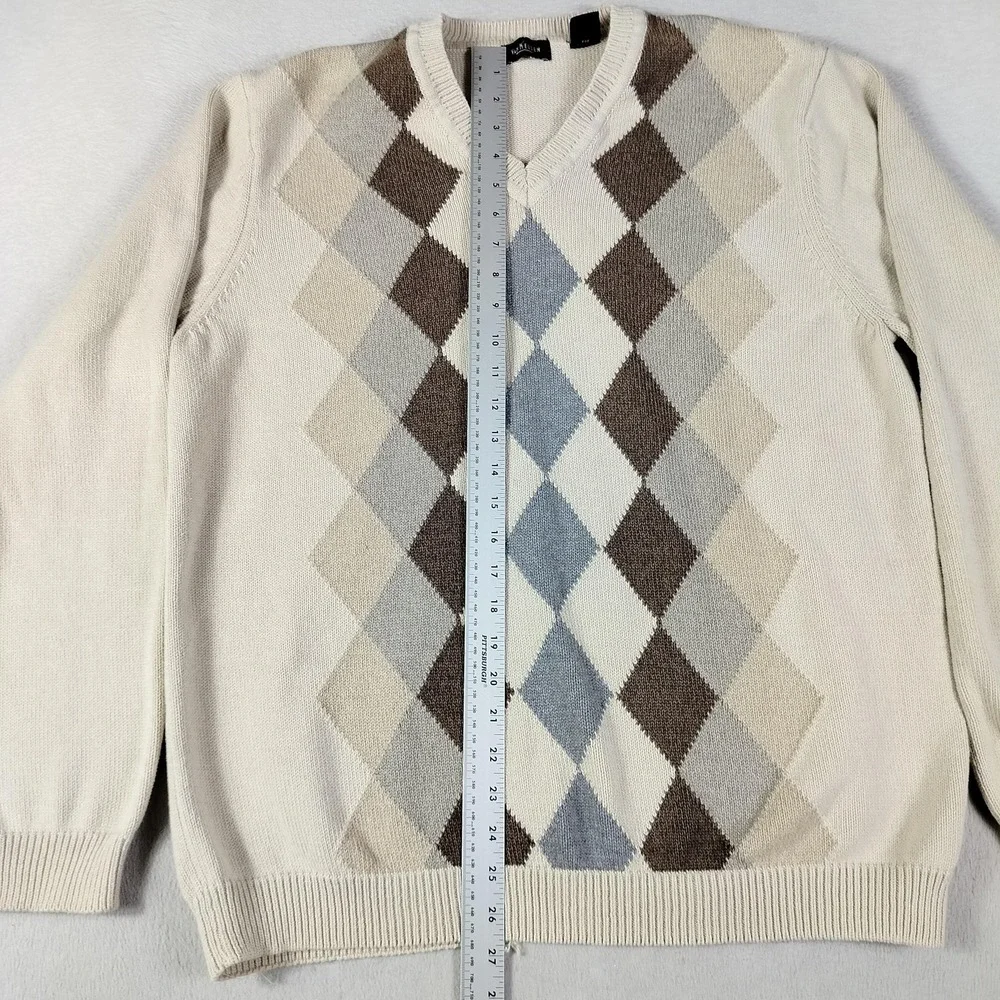 Van Heusen Sweater Mens XL Beige Argyle Cotton Grandpacore Eclectic Grandpa